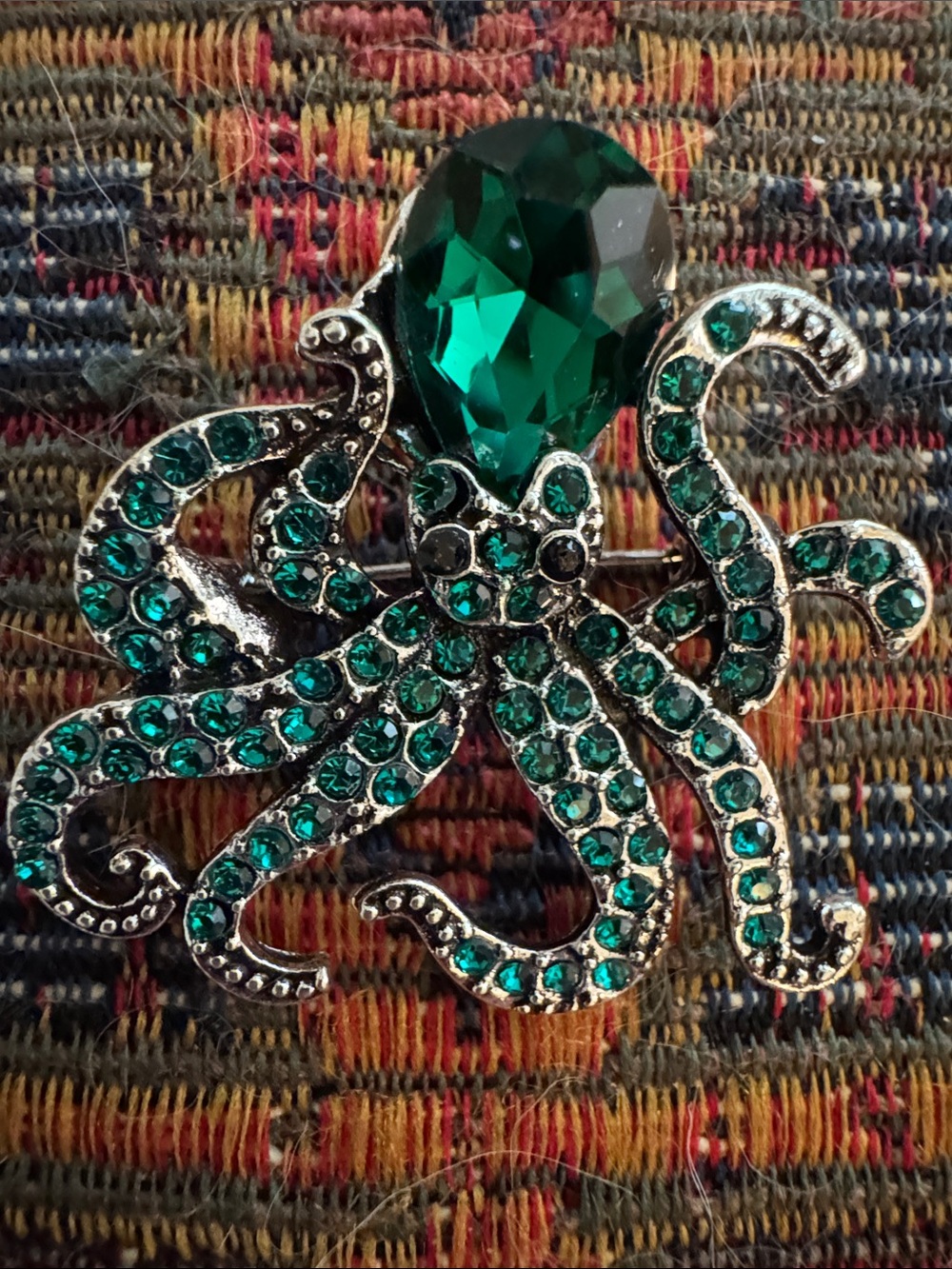 NWOT Emerald Octopus Rhinestone Brooch - Green Crystal Accent